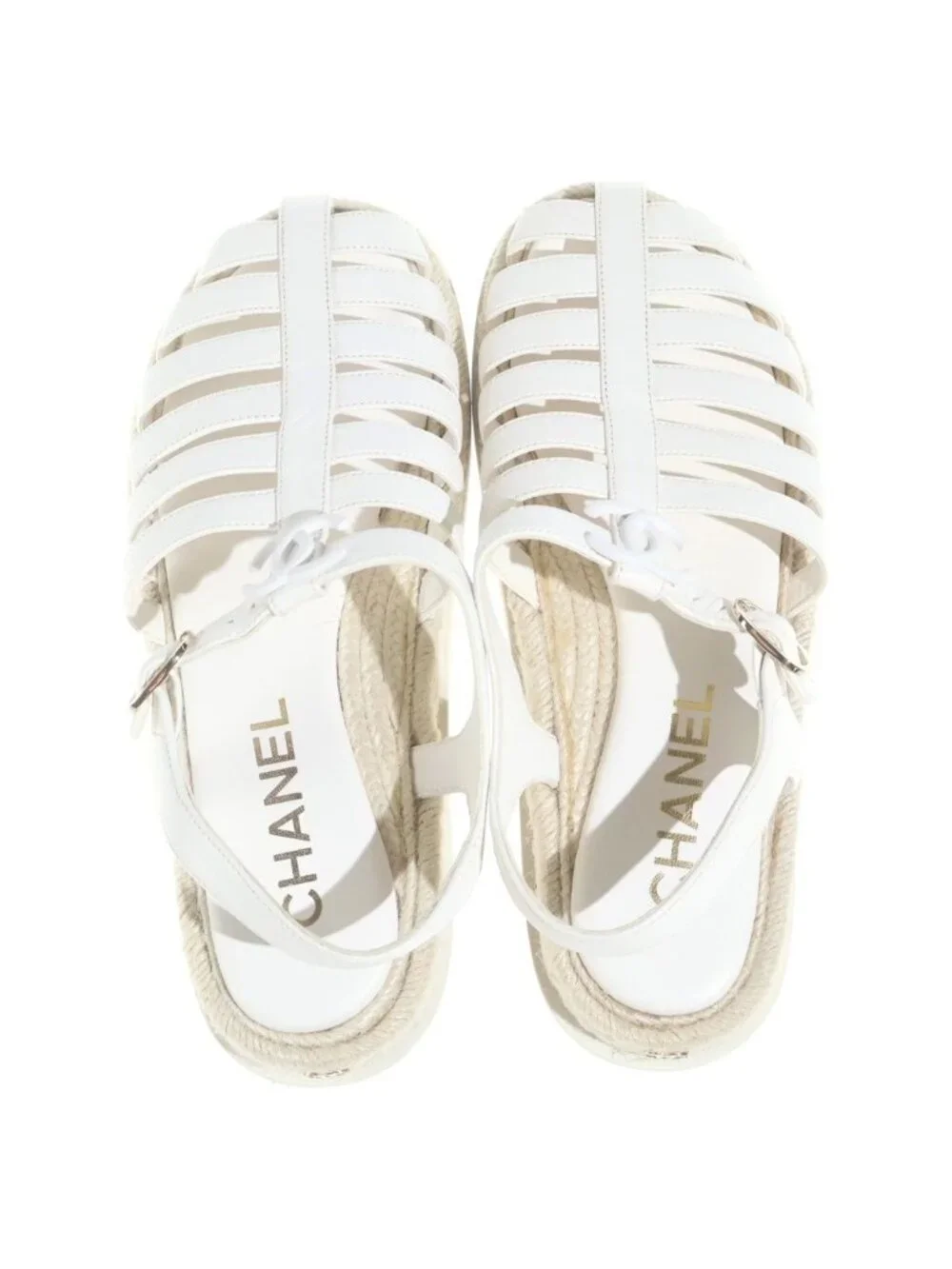 Chanel CC Logo Lace Up Sandals Leather White